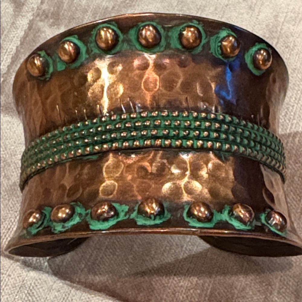 Artisan Hammered Copper Cuff Bracelet with Green Accented Design 7-8” Adjustable - Picture 8 of 8